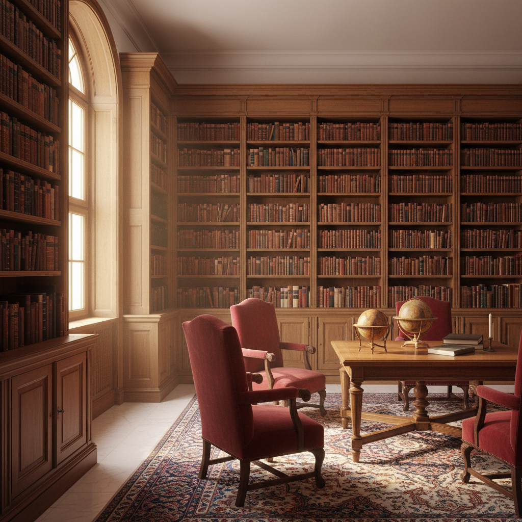 Interior de una biblioteca antigua con luz cálida entrando por la ventana
