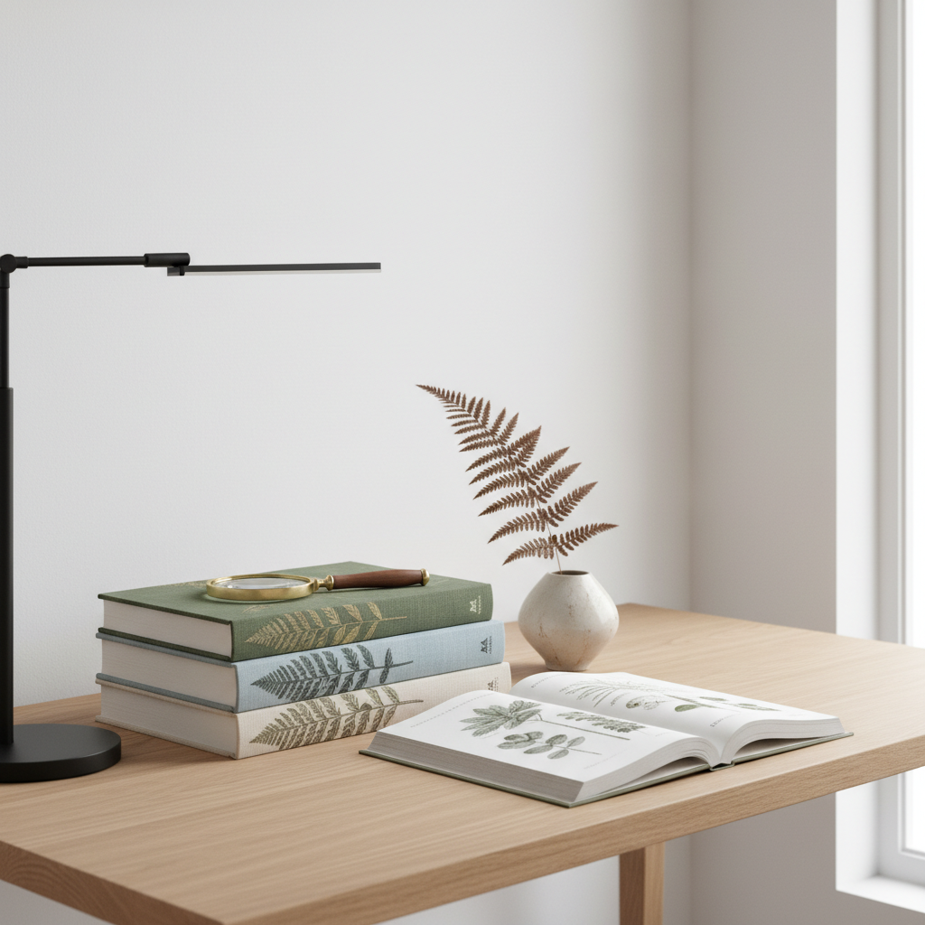 Escritorio minimalista con libros de botánica y una lupa
