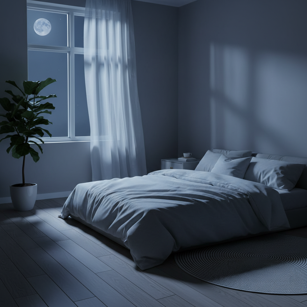 Una habitación tranquila con luz de luna filtrándose por la ventana