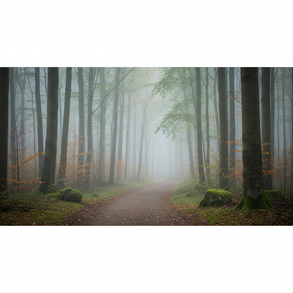 Un camino tranquilo en un bosque neblinoso