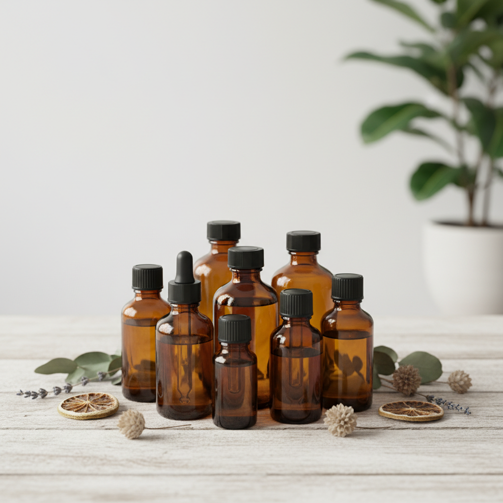 Aceites esenciales en frascos de vidrio ámbar sobre una mesa de madera