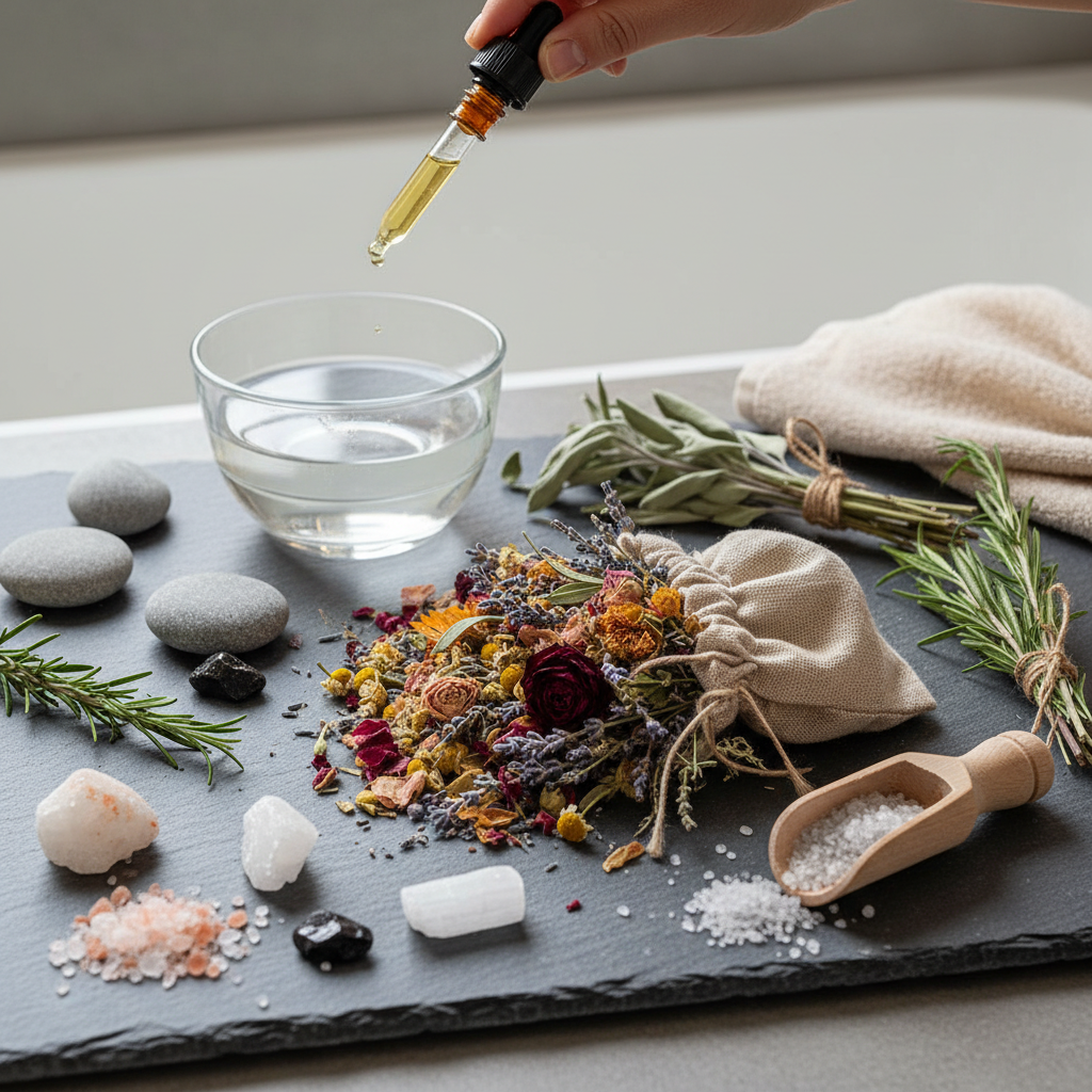 Flores secas y hierbas dispuestas para un baño relajante