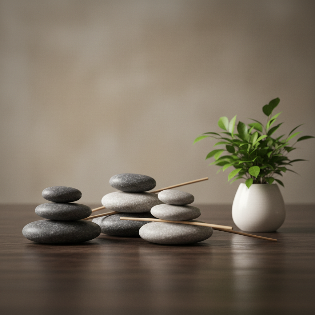 Composición zen con piedras y una planta verde sobre madera oscura